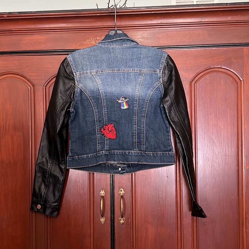 Lei Button Down Jean Jacket With Black Vinyl Like… - image 3